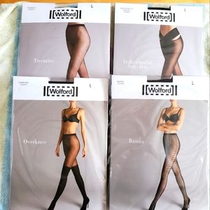 Lot of 4 new in package tights from Wolford. Assorted styles. Black. Large.